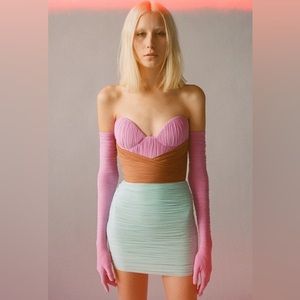 NWT ALEX PERRY Lycra Ruched Mini Dress. w/ Gloves